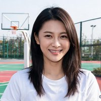 用户李娜的头像照片，一位年轻女性在篮球场边微笑